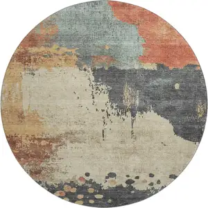 Photo of 8' Rust Beige And Blue Abstract Washable Round Rug With UV Protection