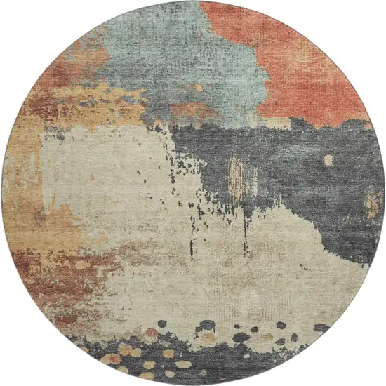 8' Rust Beige And Blue Abstract Washable Round Rug With UV Protection Photo 1