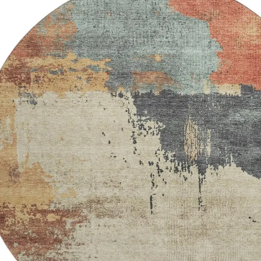 8' Rust Beige And Blue Abstract Washable Round Rug With UV Protection Photo 3