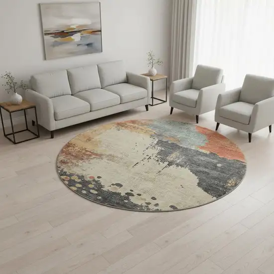 8' Rust Beige And Blue Abstract Washable Round Rug With UV Protection Photo 2