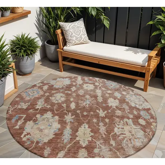 8' Rust Beige And Blue Round Floral Washable Indoor Outdoor Area Rug Photo 1