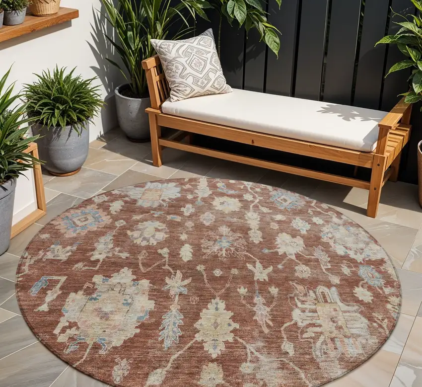 8' Rust Beige And Blue Round Floral Washable Indoor Outdoor Area Rug Photo 1