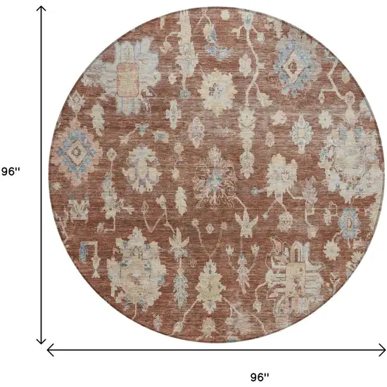 8' Rust Beige And Blue Round Floral Washable Indoor Outdoor Area Rug Photo 3