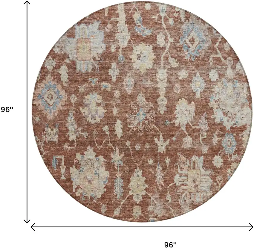 8' Rust Beige And Blue Round Floral Washable Indoor Outdoor Area Rug Photo 3