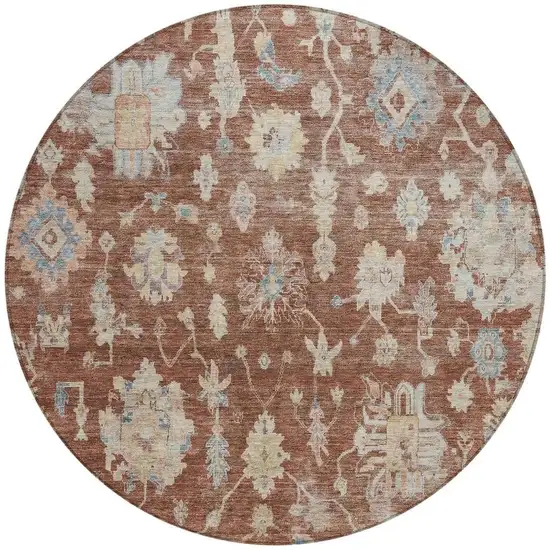 8' Rust Beige And Blue Round Floral Washable Indoor Outdoor Area Rug Photo 3