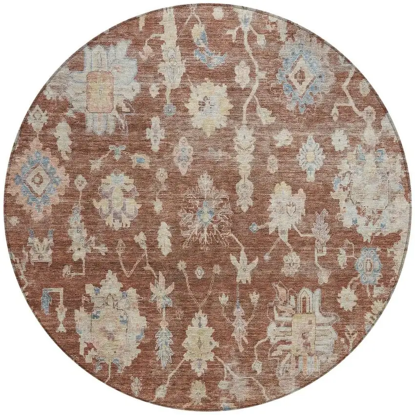 8' Rust Beige And Blue Round Floral Washable Indoor Outdoor Area Rug Photo 3