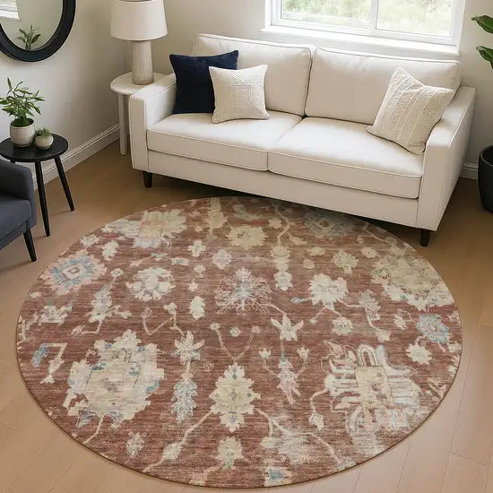 8' Rust Beige And Blue Round Floral Washable Indoor Outdoor Area Rug Photo 5
