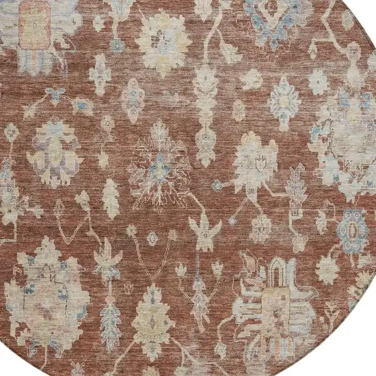 8' Rust Beige And Blue Round Floral Washable Indoor Outdoor Area Rug Photo 2