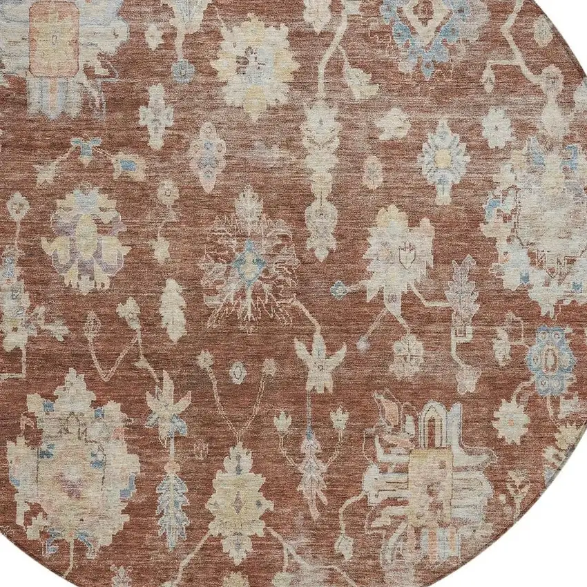 8' Rust Beige And Blue Round Floral Washable Indoor Outdoor Area Rug Photo 2
