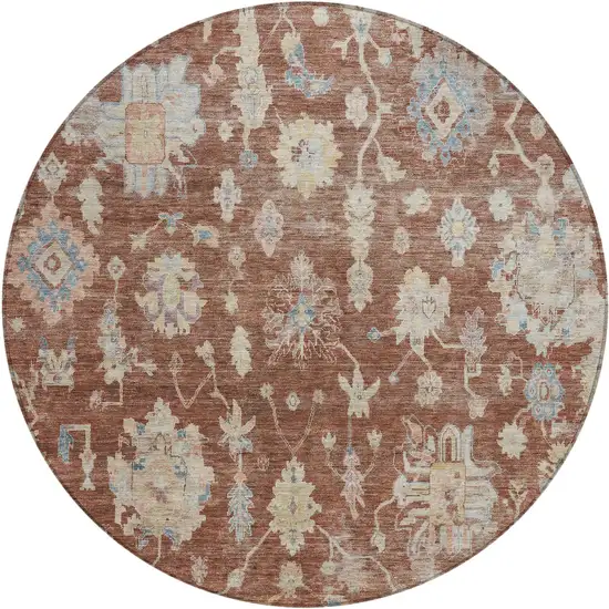 8' Rust Beige And Blue Round Floral Washable Indoor Outdoor Area Rug Photo 1