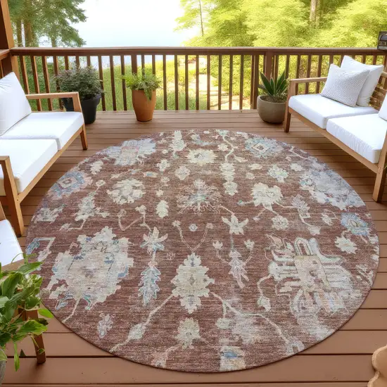 8' Rust Beige And Blue Round Floral Washable Indoor Outdoor Area Rug Photo 4