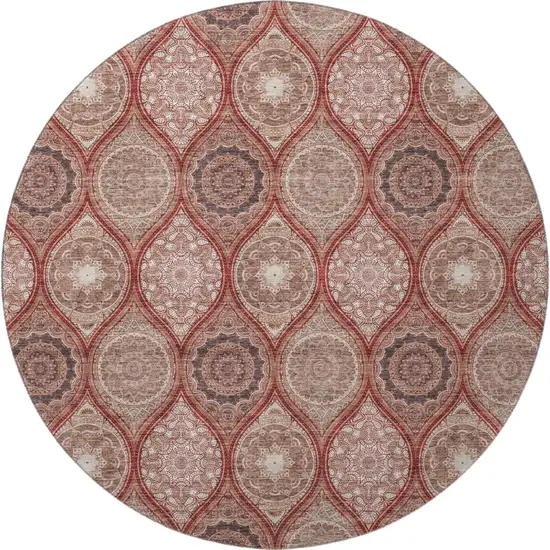 8' Rust Beige And Brick Red Ogee Washable Round Rug With UV Protection Photo 3