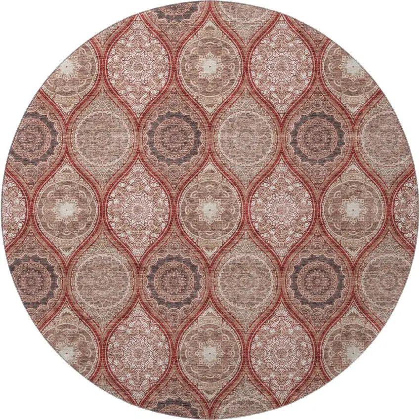 8' Rust Beige And Brick Red Ogee Washable Round Rug With UV Protection Photo 3