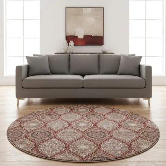 8' Rust Beige And Brick Red Ogee Washable Round Rug With UV Protection Photo 2