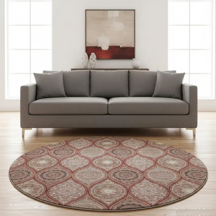 8' Rust Beige And Brick Red Ogee Washable Round Rug With UV Protection Photo 2