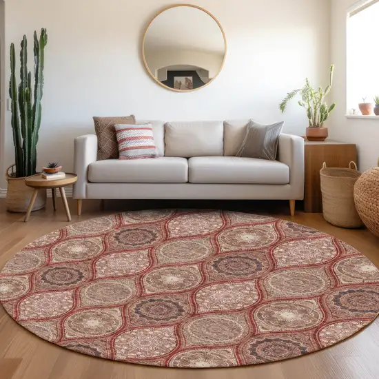 8' Rust Beige And Brick Red Ogee Washable Round Rug With UV Protection Photo 4