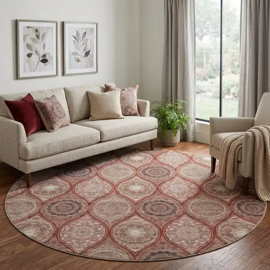 8' Rust Beige And Brick Red Ogee Washable Round Rug With UV Protection Photo 1