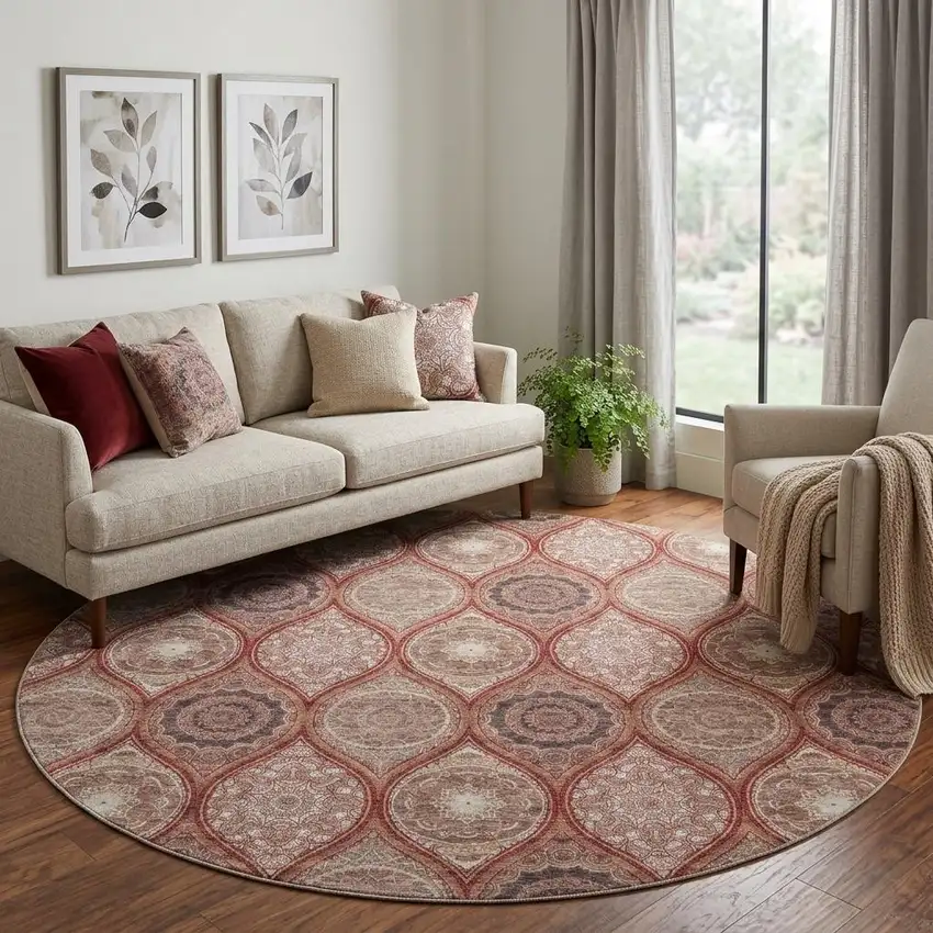 8' Rust Beige And Brick Red Ogee Washable Round Rug With UV Protection Photo 1