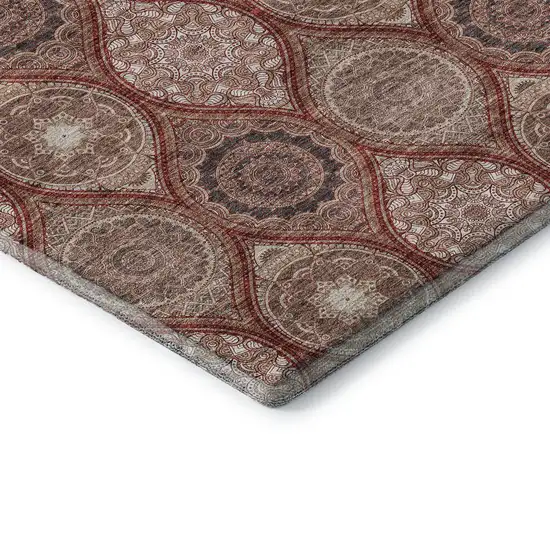8' Rust Beige And Brick Red Ogee Washable Round Rug With UV Protection Photo 6