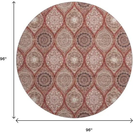 8' Rust Beige And Brick Red Ogee Washable Round Rug With UV Protection Photo 9