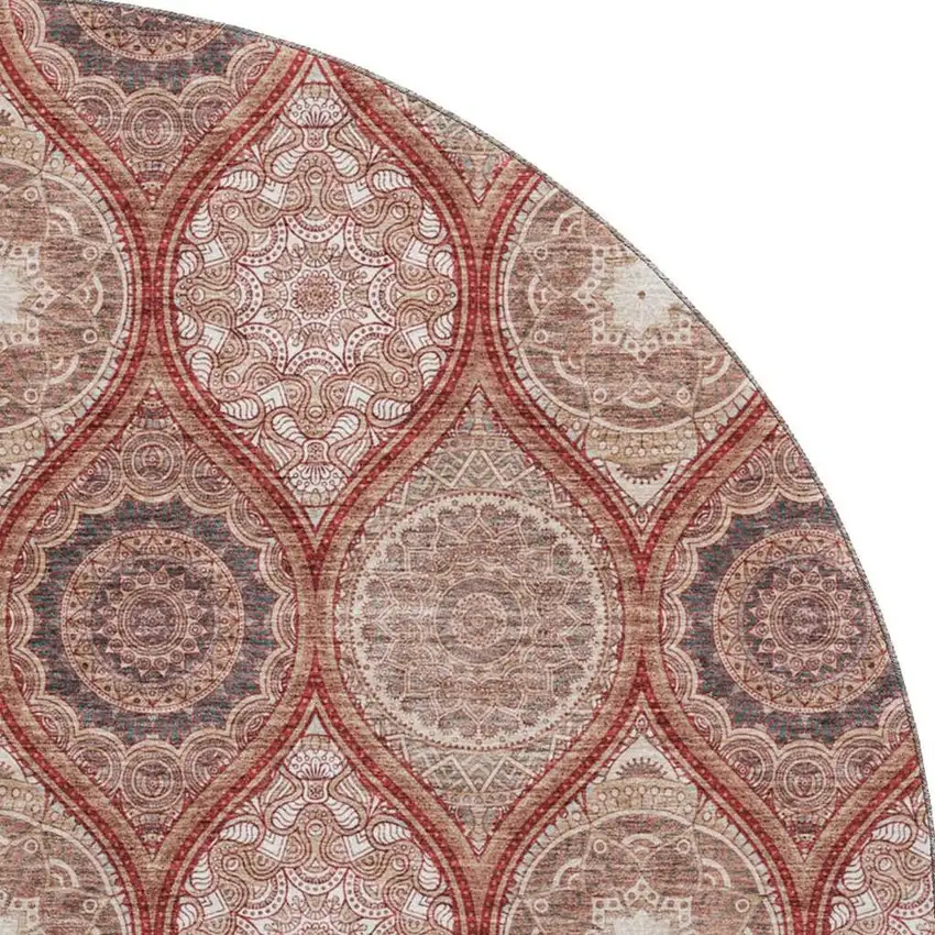 8' Rust Beige And Brick Red Ogee Washable Round Rug With UV Protection Photo 2