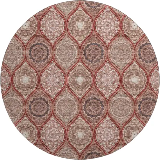 8' Rust Beige And Brick Red Ogee Washable Round Rug With UV Protection Photo 1