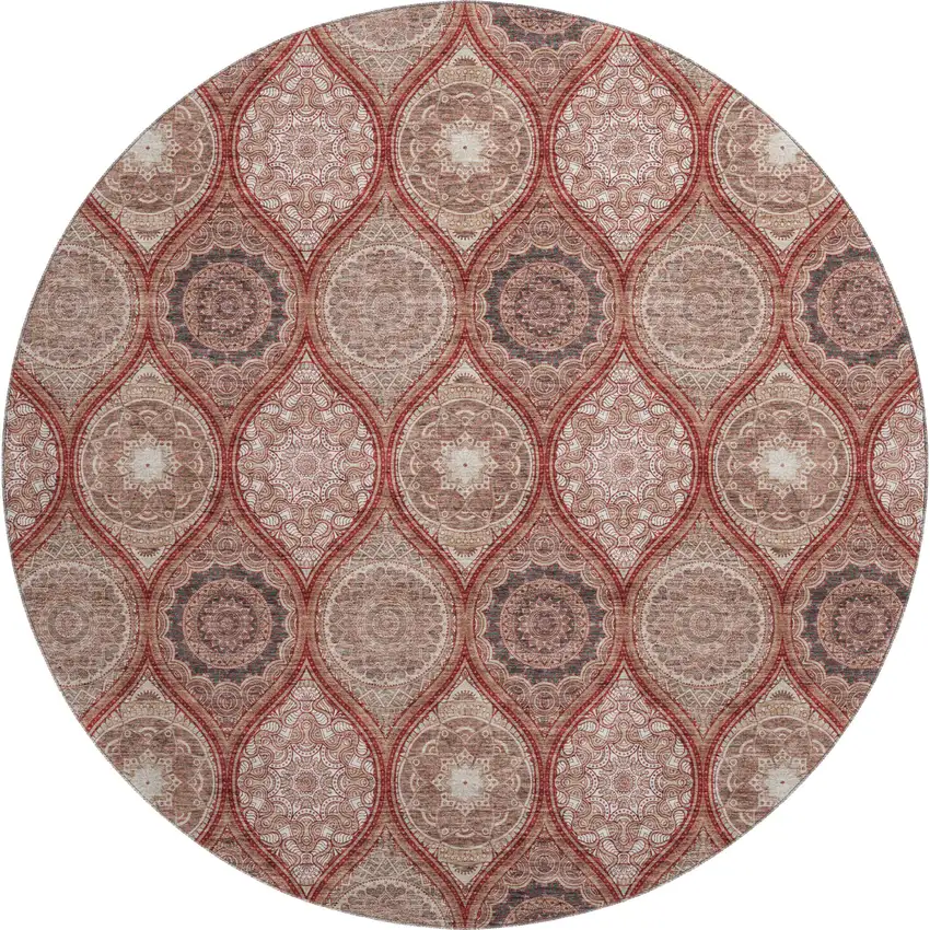 8' Rust Beige And Brick Red Ogee Washable Round Rug With UV Protection Photo 1
