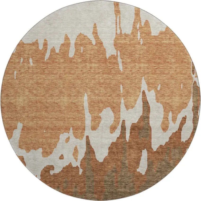 8' Rust Beige And Brown Abstract Washable Round Rug With UV Protection Photo 1