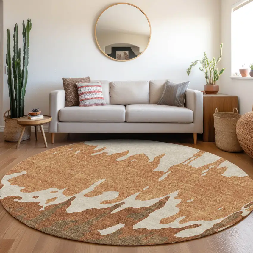 8' Rust Beige And Brown Abstract Washable Round Rug With UV Protection Photo 3