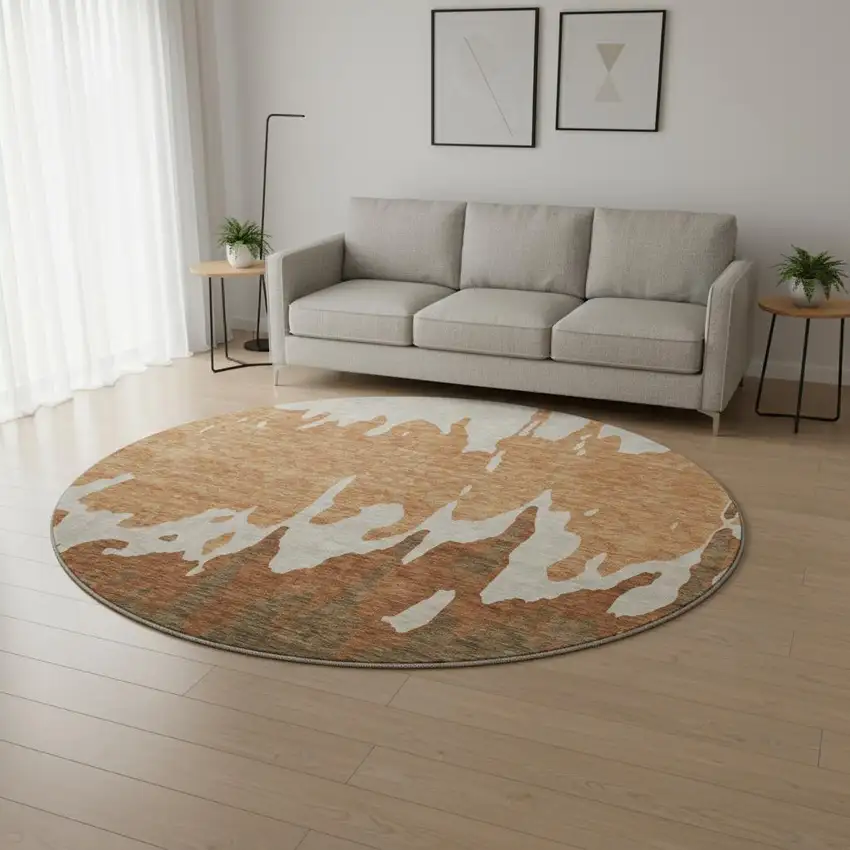 8' Rust Beige And Brown Abstract Washable Round Rug With UV Protection Photo 2