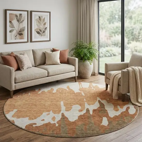 8' Rust Beige And Brown Abstract Washable Round Rug With UV Protection Photo 1