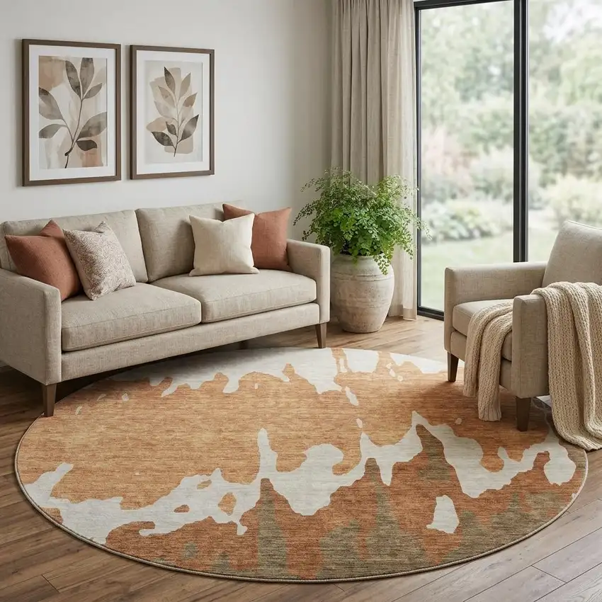 8' Rust Beige And Brown Abstract Washable Round Rug With UV Protection Photo 1