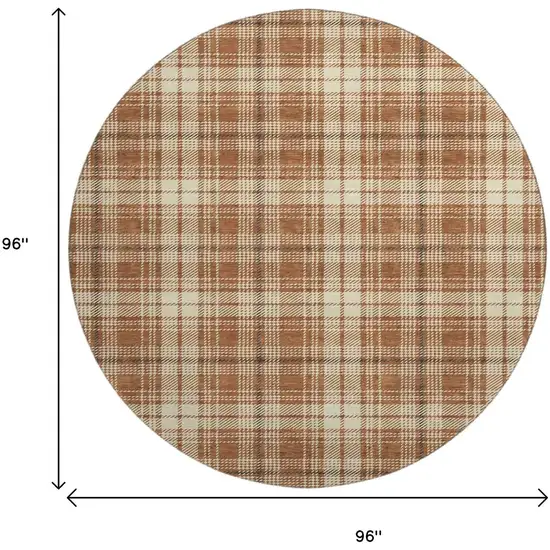 8' Rust Beige And Brown Plaid Washable Round Rug With UV Protection Photo 9