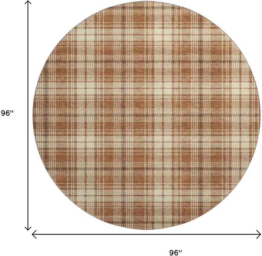 8' Rust Beige And Brown Plaid Washable Round Rug With UV Protection Photo 9