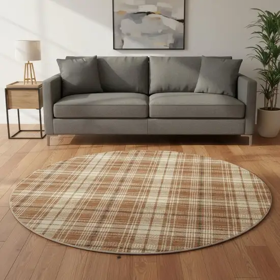 8' Rust Beige And Brown Plaid Washable Round Rug With UV Protection Photo 2