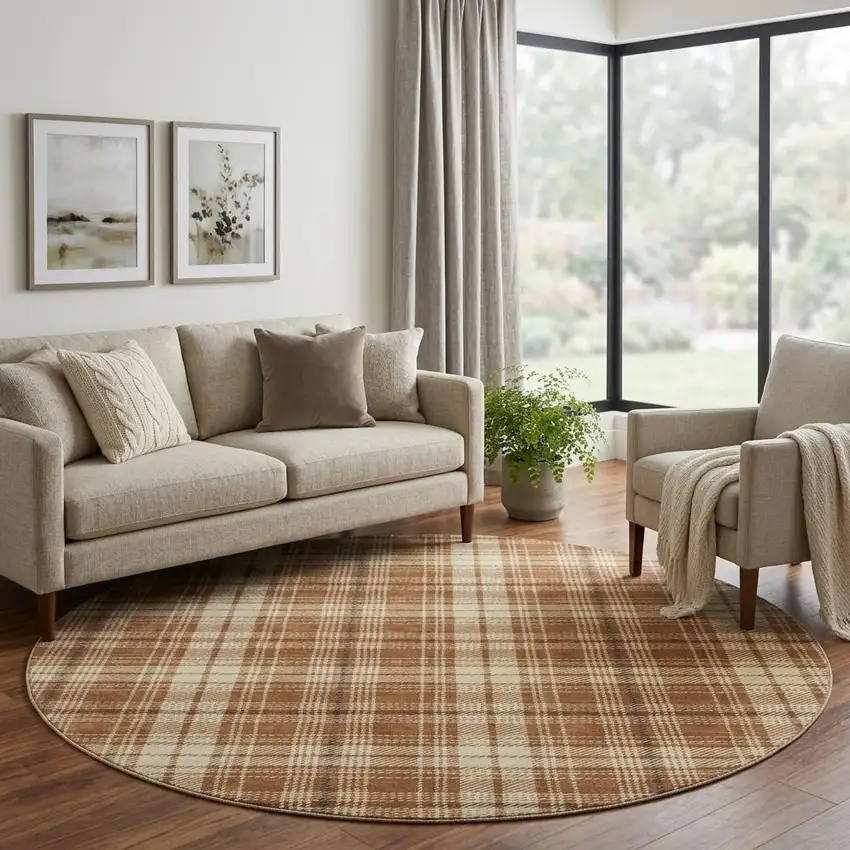 8' Rust Beige And Brown Plaid Washable Round Rug With UV Protection Photo 1