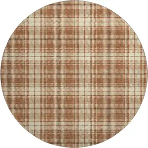 Photo of 8' Rust Beige And Brown Plaid Washable Round Rug With UV Protection