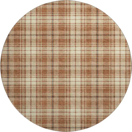 8' Rust Beige And Brown Plaid Washable Round Rug With UV Protection Photo 1