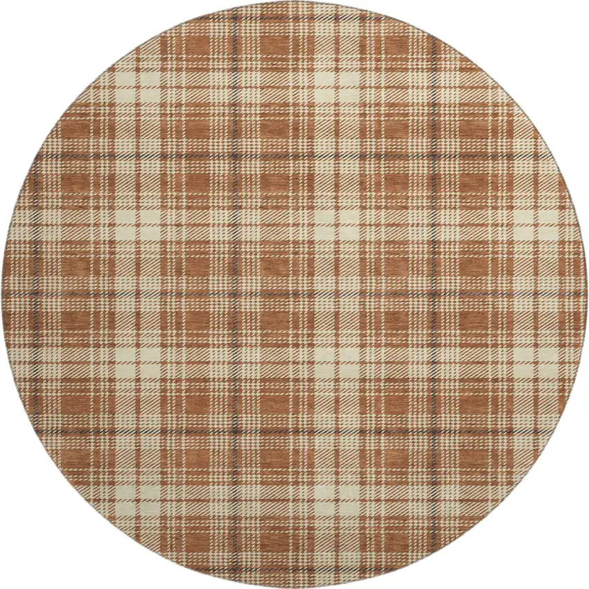 8' Rust Beige And Brown Plaid Washable Round Rug With UV Protection Photo 1