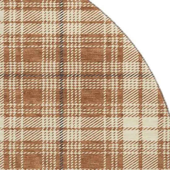 8' Rust Beige And Brown Plaid Washable Round Rug With UV Protection Photo 2