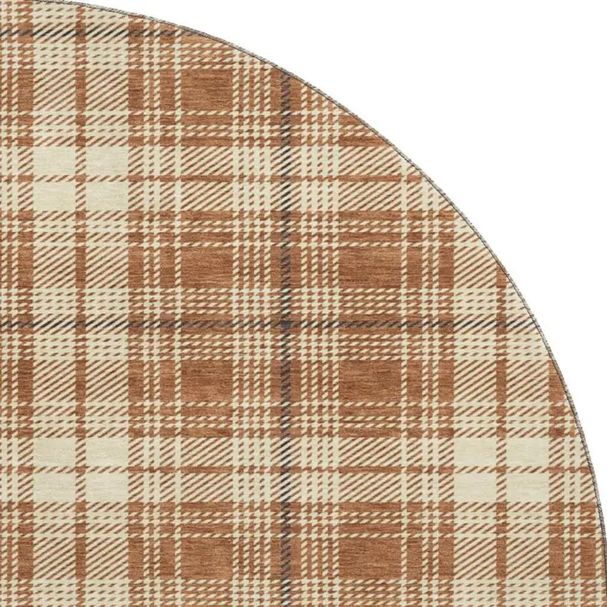 8' Rust Beige And Brown Plaid Washable Round Rug With UV Protection Photo 3