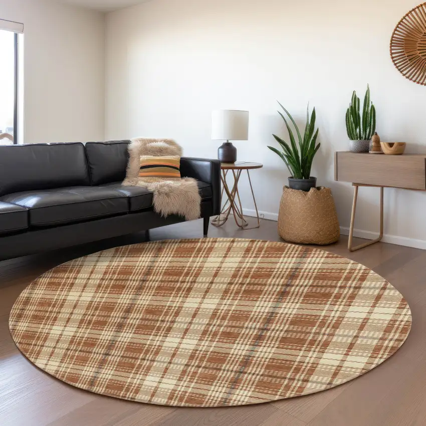 8' Rust Beige And Brown Plaid Washable Round Rug With UV Protection Photo 4