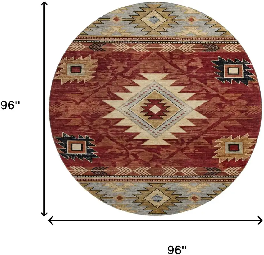 8' Rust Beige And Charcoal Geometric Washable Round Rug With UV Protection Photo 8