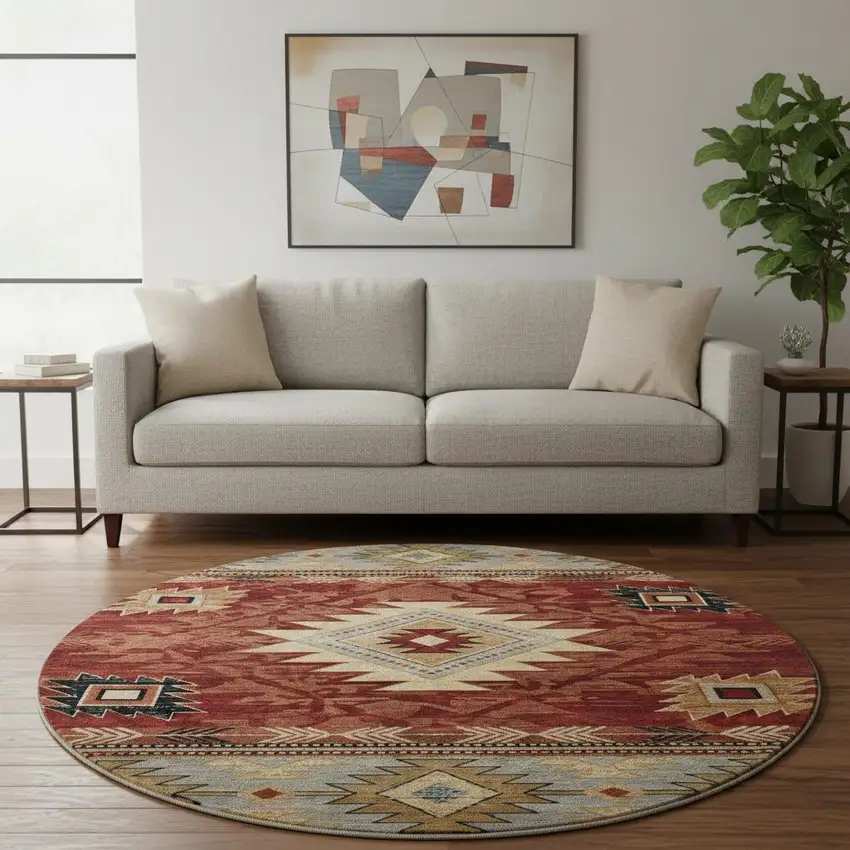 8' Rust Beige And Charcoal Geometric Washable Round Rug With UV Protection Photo 2