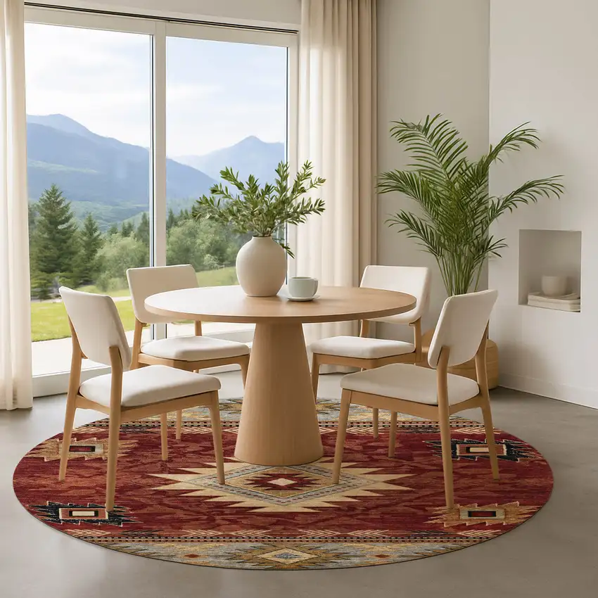 8' Rust Beige And Charcoal Geometric Washable Round Rug With UV Protection Photo 3