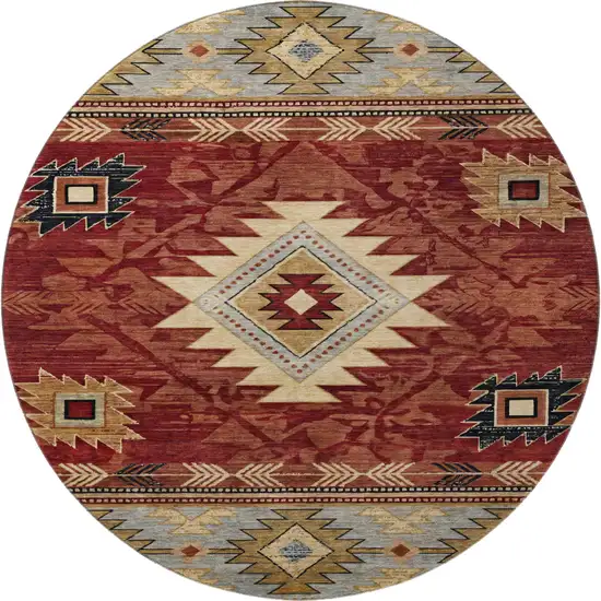 8' Rust Beige And Charcoal Geometric Washable Round Rug With UV Protection Photo 2