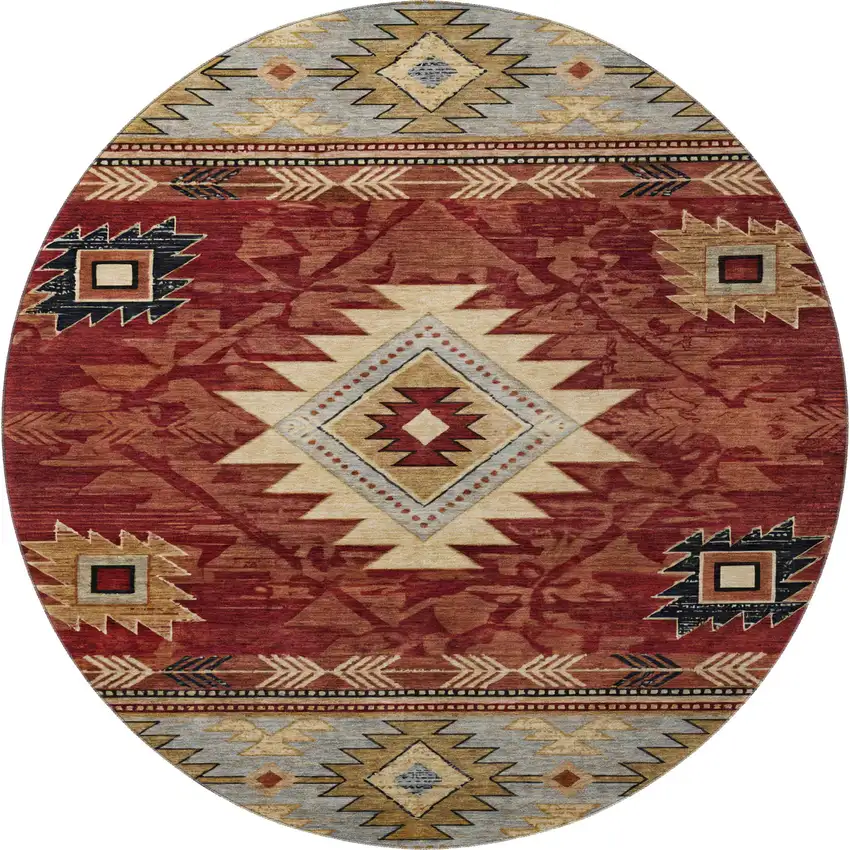 8' Rust Beige And Charcoal Geometric Washable Round Rug With UV Protection Photo 2