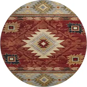 Photo of 8' Rust Beige And Charcoal Geometric Washable Round Rug With UV Protection