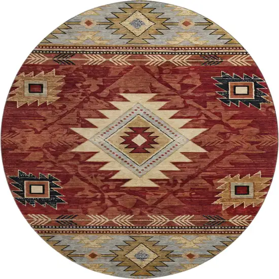 8' Rust Beige And Charcoal Geometric Washable Round Rug With UV Protection Photo 1