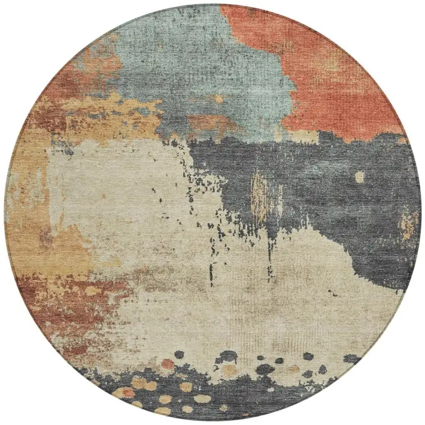 8' Rust Beige And Charcoal Round Abstract Washable Indoor Outdoor Area Rug Photo 3